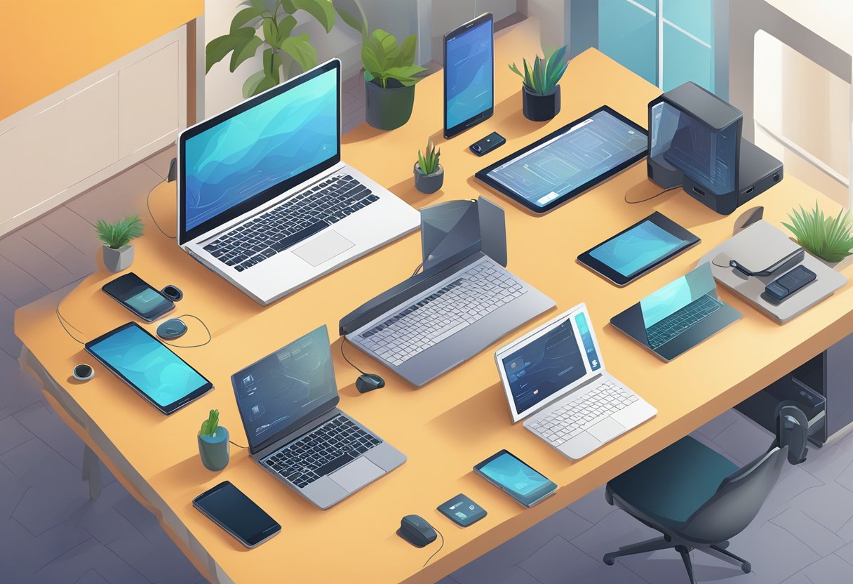 Various electronic devices are being arranged in a room, with a laptop open and a Bluetooth settings window visible on the screen