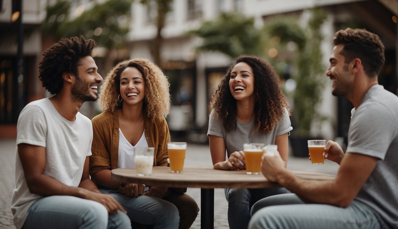 A group of friends chatting and laughing together in a casual setting, with open body language and genuine smiles, showing inclusivity and warmth without any romantic undertones