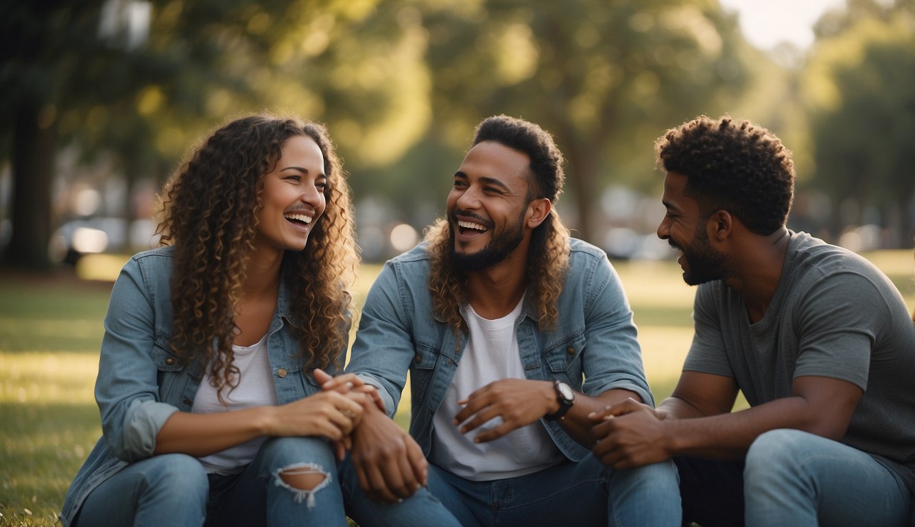 A group of friends sitting together, engaged in deep conversation. They are laughing and enjoying each other's company without any hint of romantic interest