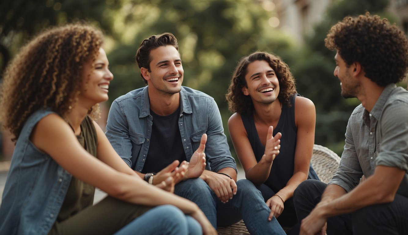A group of friends sitting in a circle, chatting and laughing. One person is gesturing and explaining something, while the others listen attentively. The atmosphere is warm and friendly, with everyone engaged in the conversation