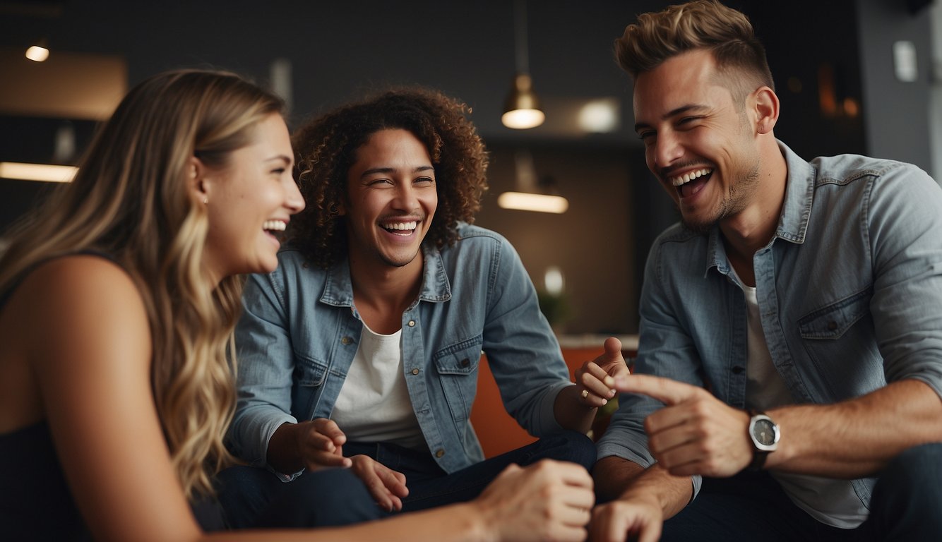 A group of friends laughing and chatting in a casual setting, engaging in activities like playing sports or video games, showing genuine interest in each other's conversations without any romantic undertones