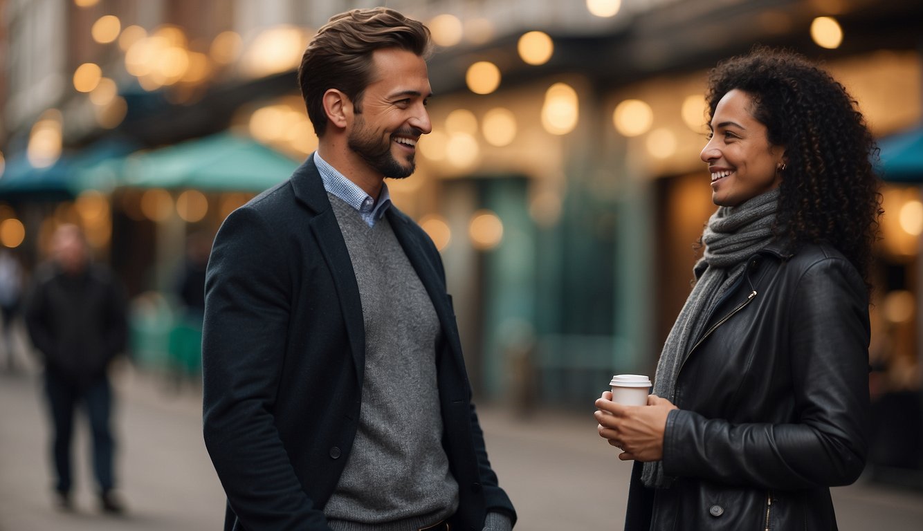 Two individuals standing at a comfortable distance, engaged in a friendly conversation. They are smiling and making eye contact, demonstrating respect for personal space