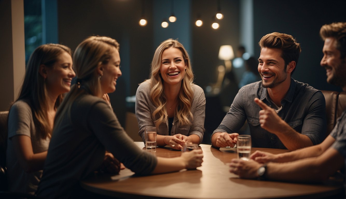 A group of friends sitting in a circle, talking and laughing. One person gestures while explaining, others nod in understanding. No flirting, just genuine camaraderie