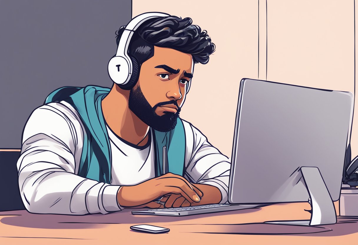 A frustrated user staring at a computer screen with the TikTok app open, trying to change their username but unable to do so