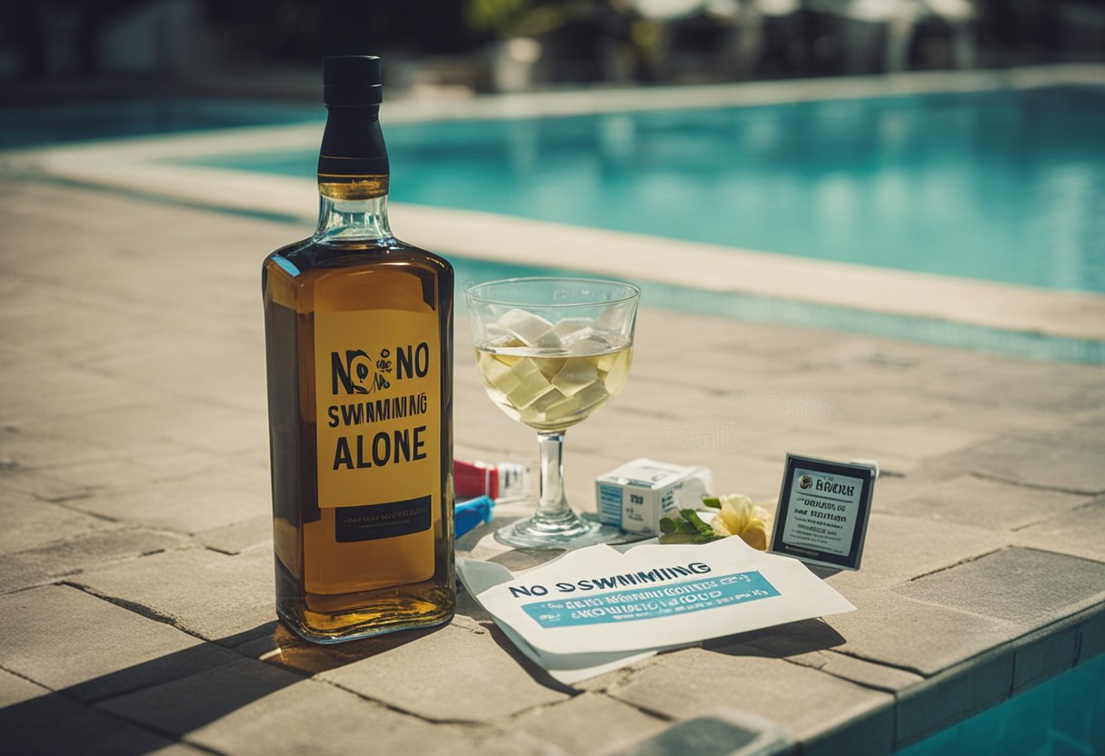 A bottle of alcohol and drugs are left by the pool. A solitary "No Swimming Alone" sign is displayed prominently