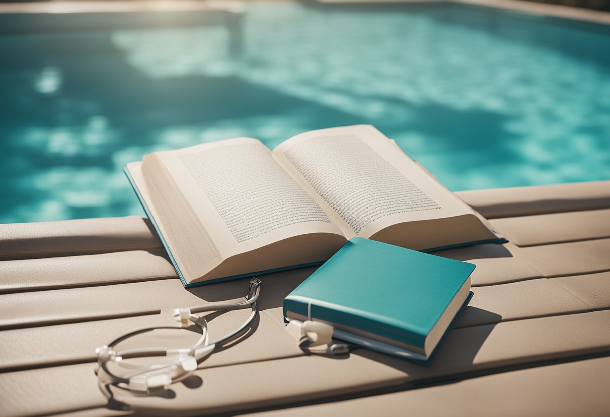 A calm, sunlit pool with a ladder at one end and floatation devices scattered around. A book and towel sit on a nearby chair