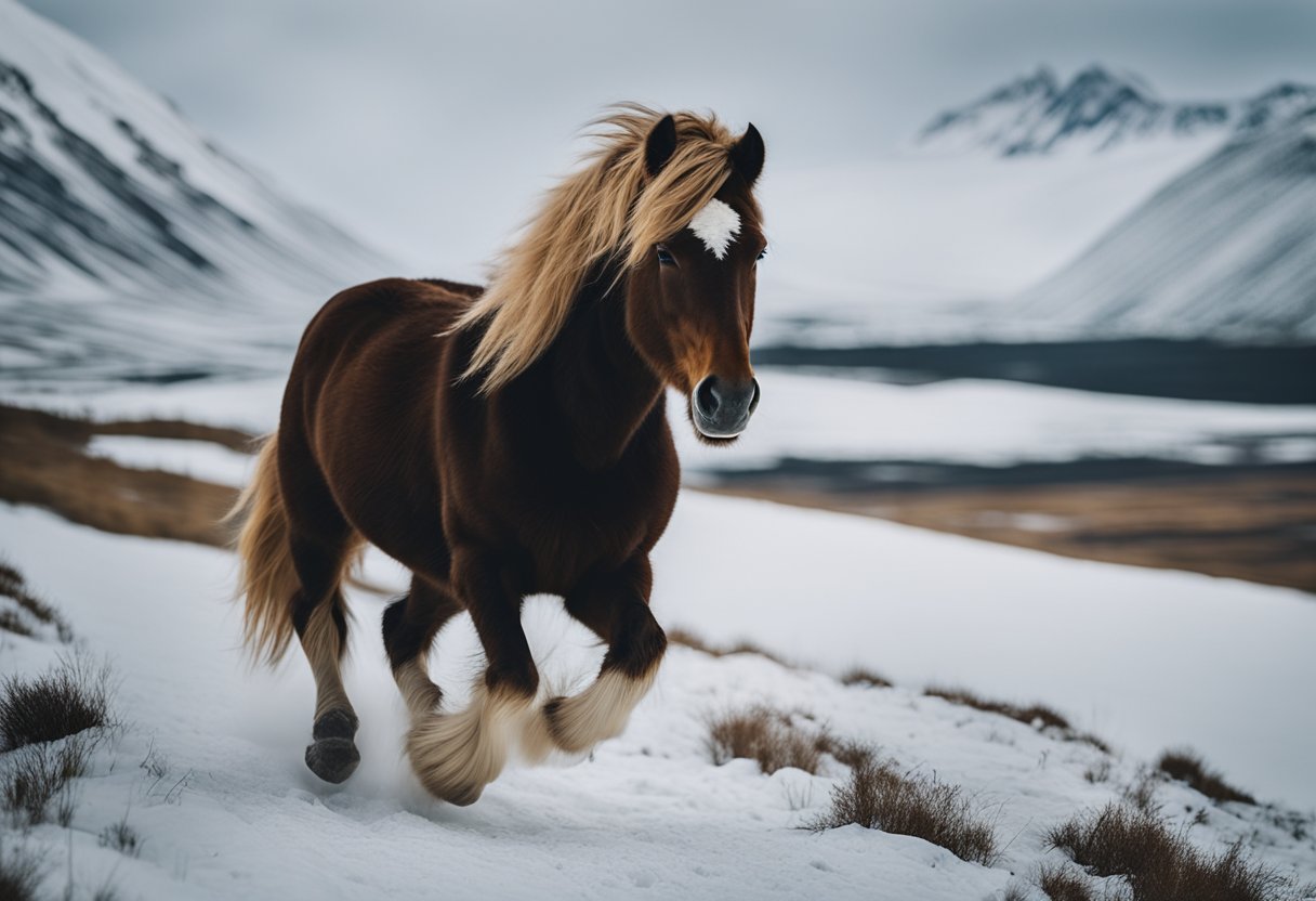 A majestic Icelandic horse galloping through a snowy Norwegian landscape