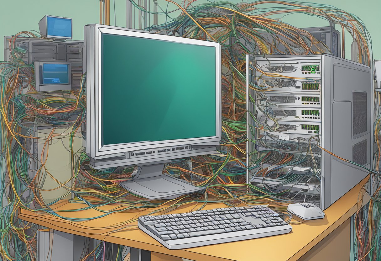 A computer screen displaying error messages, with a tangled mess of wires and cables around the desktop tower