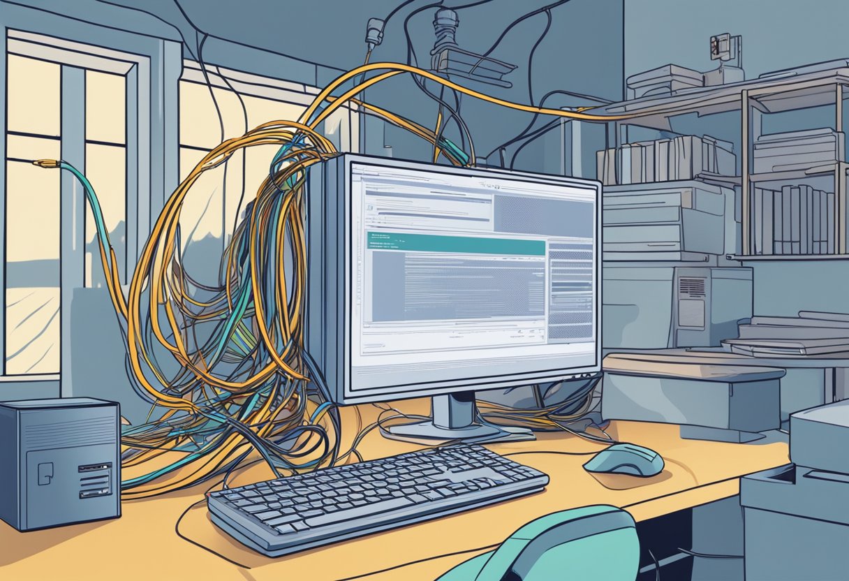 A computer screen displaying an error message "Computer won't boot to BIOS on Windows 11" with a tangled mess of cables and a frustrated user in the background