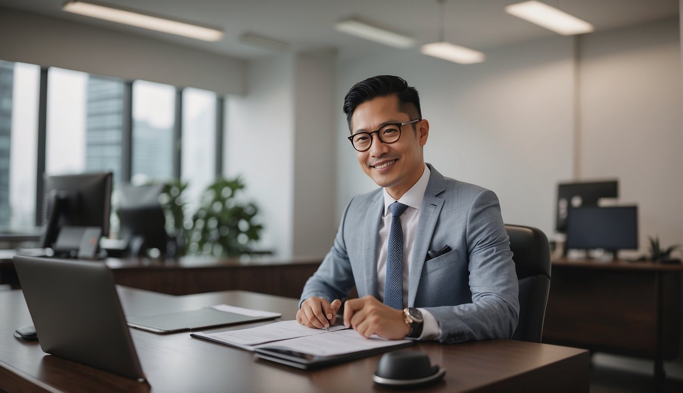 A well-dressed individual sits at a tidy desk, signing paperwork. A sign on the wall reads "Legal Money Lender Singapore: Hassle-Free Personal Loans Source." The room is bright and professional, with a sense of trust and reliability
