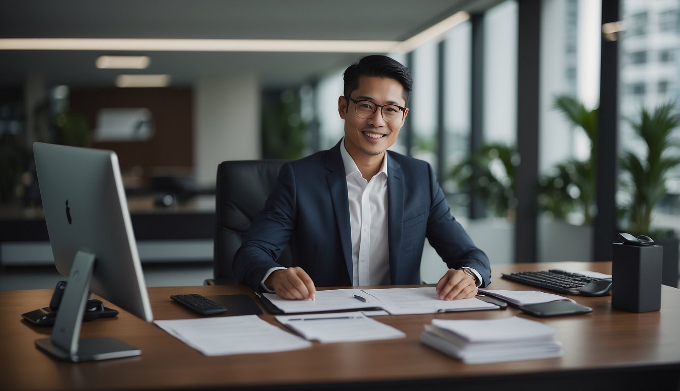 A modern office setting with a Singapore Legal Money Lender sign, a professional looking desk, and a confident individual receiving financial empowerment
