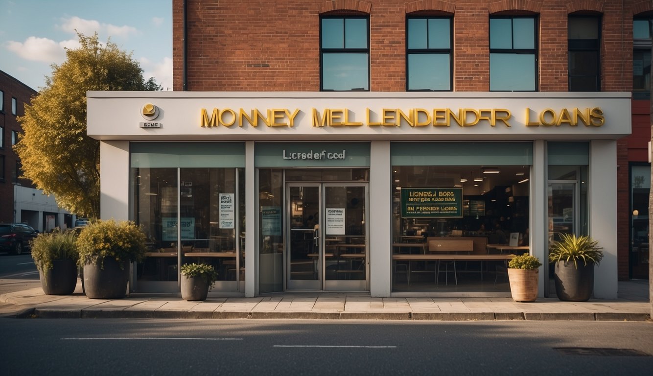 A bright, modern storefront with a prominent sign reading "Licensed Moneylender" and "Hassle-Free Personal Loans." Customers enter and exit confidently