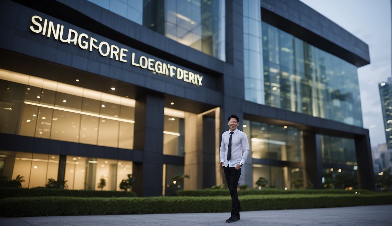 A confident figure stands in front of a modern office building, with the words "Singapore Legal Money Lender: Empowering You Financially" prominently displayed. The figure exudes trust and professionalism, conveying a sense of empowerment and financial security