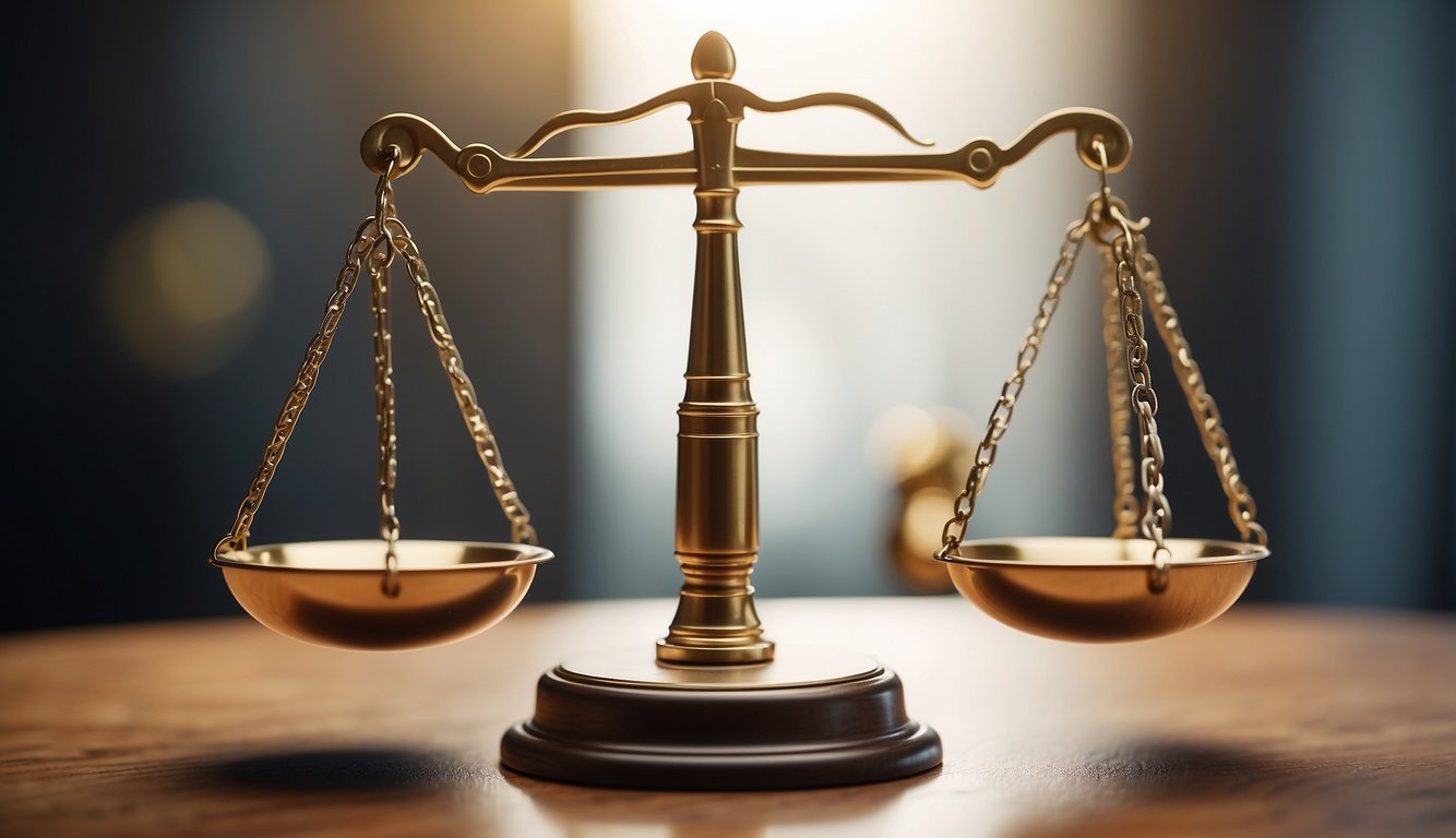 A scale with balanced weights symbolizing fairness and trust. A gavel representing legal authority. A shield emblem for protection