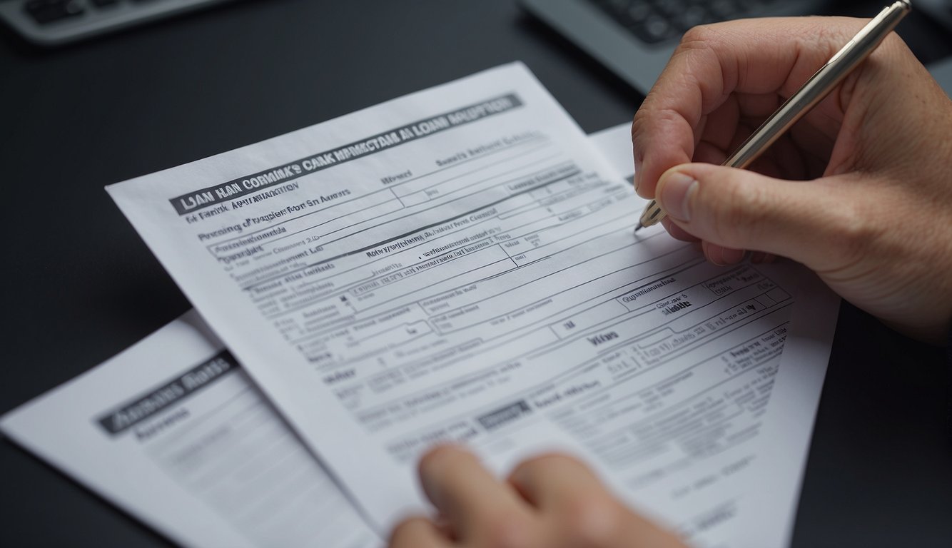 A person fills out a loan application form at a desk. Another person reviews and approves the application. The approved loan amount is then transferred to the borrower's bank account