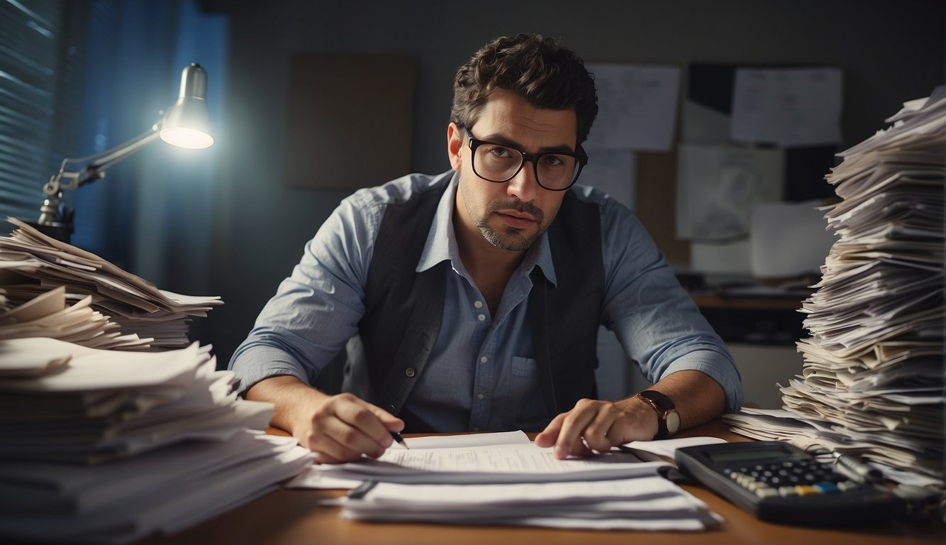 A person sitting at a cluttered desk, surrounded by bills and paperwork. They are looking stressed and overwhelmed, with a calculator and pen in hand, trying to figure out their finances