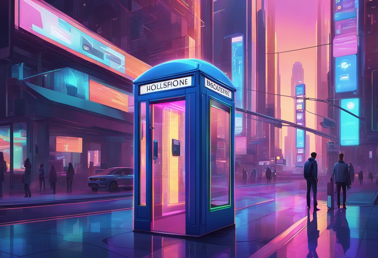 A futuristic cityscape with neon lights illuminating a sleek, high-tech phone booth. The booth is surrounded by holographic advertisements, and a glitching digital display indicates the Delamain phone bug