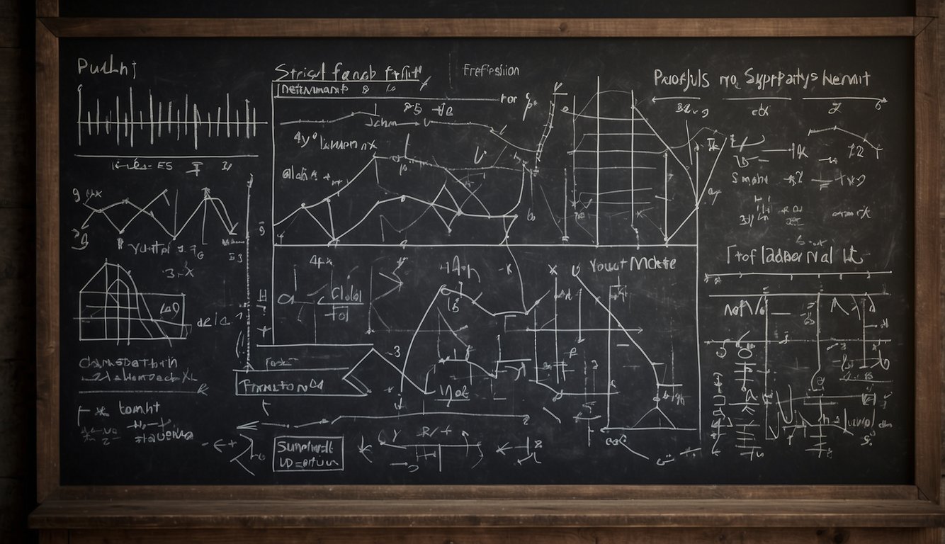 A chalkboard with graphs, charts, and equations representing supply and demand, production, and market structures