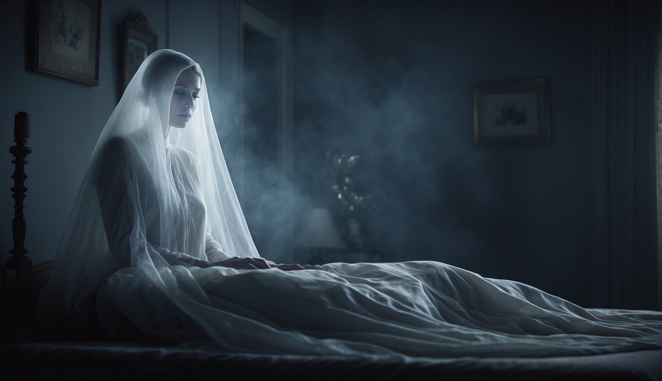 A ghostly figure hovers over a sleeping woman, representing the concept of a spirit husband in a haunting and eerie manner