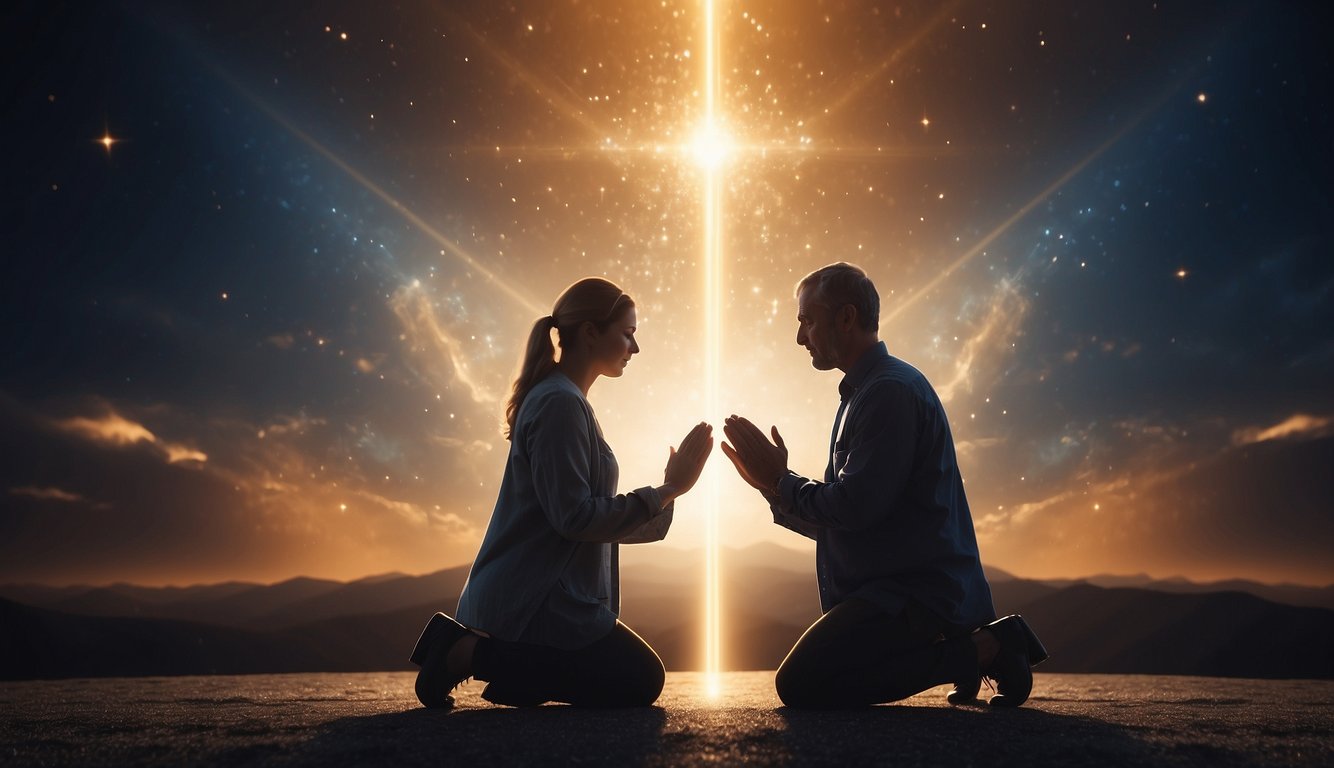 A couple kneeling in prayer, surrounded by dark, swirling spiritual entities. A radiant light emanates from their joined hands, symbolizing their spiritual unity and protection against spiritual warfare