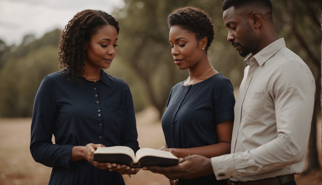 A husband and wife stand side by side, holding hands, as they read from a Bible together. The wife looks to her husband for guidance, while the husband leads them in prayer
