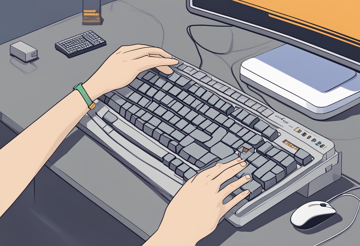 The screen shows a computer with a Diablo 2 error 25 message. A mouse hovers over the error, while a hand reaches for the keyboard to fix it