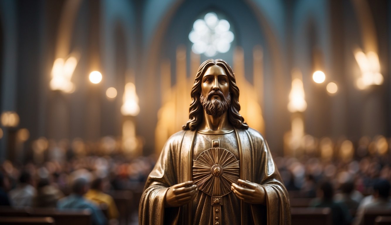 Christ stands as a strong, loving figure, surrounded by a radiant and unified church, symbolizing the intimate and supportive relationship between Christ and his followers