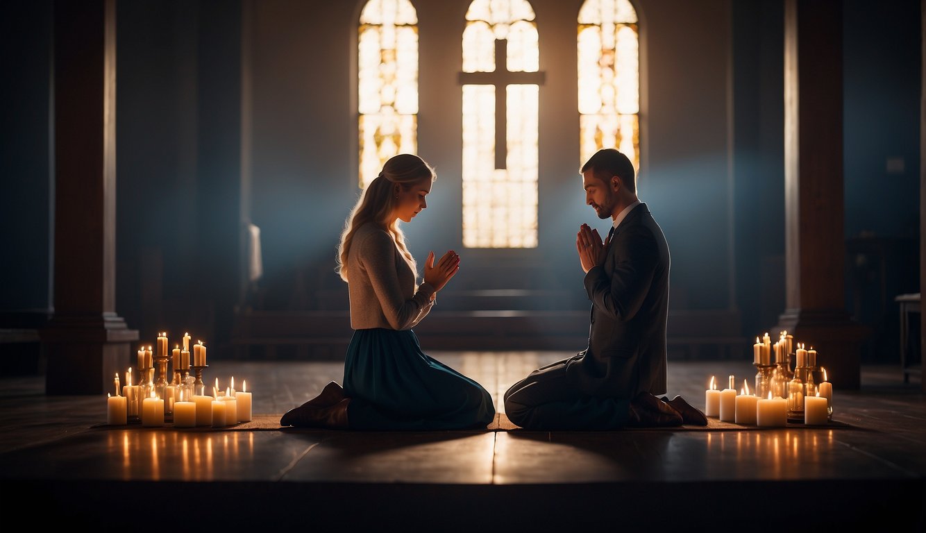 A couple kneels in prayer, surrounded by open Bibles and a glowing cross, symbolizing their God-centered marriage
