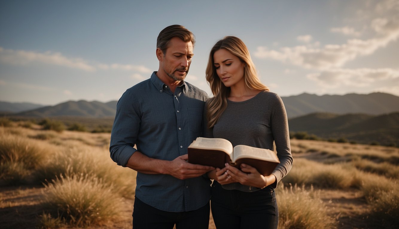 A couple faces challenges, seeking guidance from the Bible. The husband and wife stand together, surrounded by open pages of scripture, seeking solace and wisdom