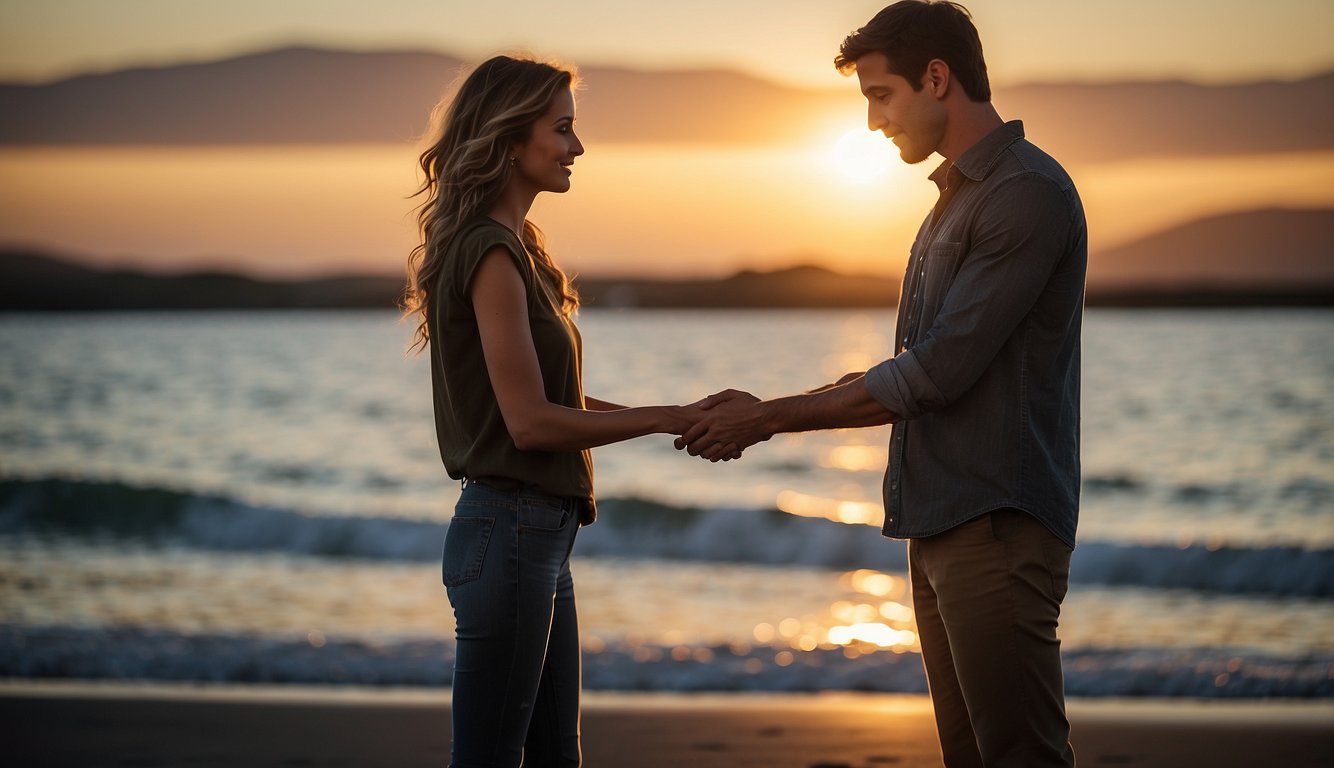 A couple standing side by side, facing each other with their hands clasped together, surrounded by a warm and peaceful glow