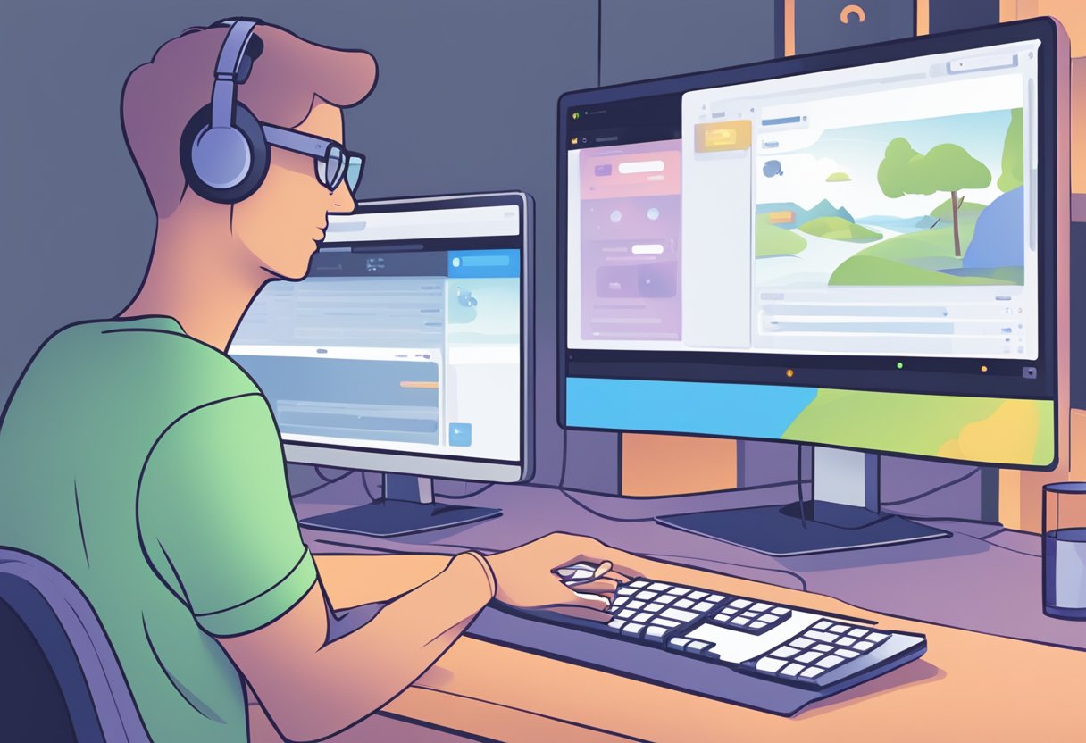 A computer screen displays a Discord profile with a custom status that is not showing. A person is clicking through settings and menus, trying to troubleshoot the issue