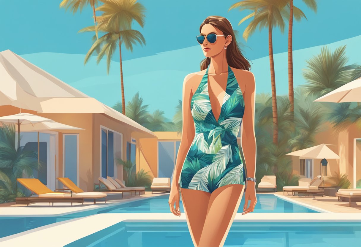 A tall woman in a stylish swimsuit stands confidently by the pool, with a backdrop of palm trees and a clear blue sky