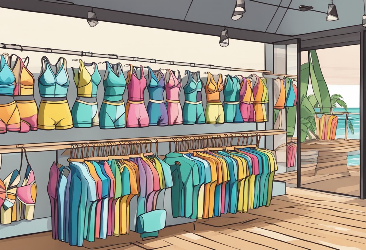 A colorful array of Billabong swimwear for women, displayed on mannequins or hangers in a trendy beachside boutique