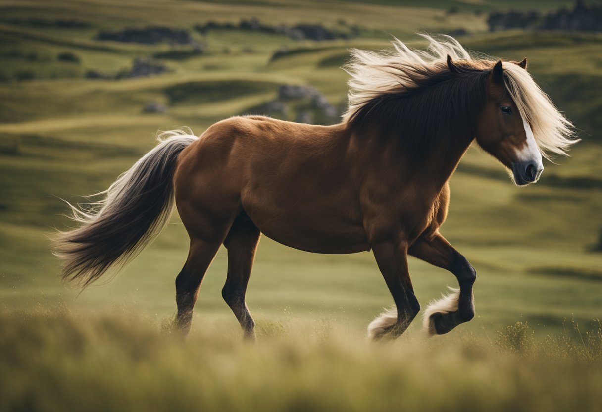 A majestic Icelandic horse gallops through a rugged landscape, its long mane flowing in the wind, as it traverses rocky terrain and lush green fields