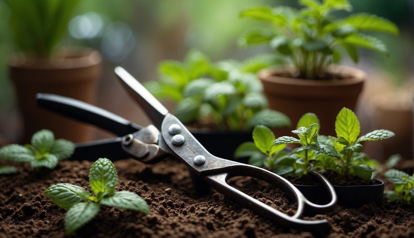 Lush garden soil, a pair of gardening shears, and a small pot filled with water and mint cuttings