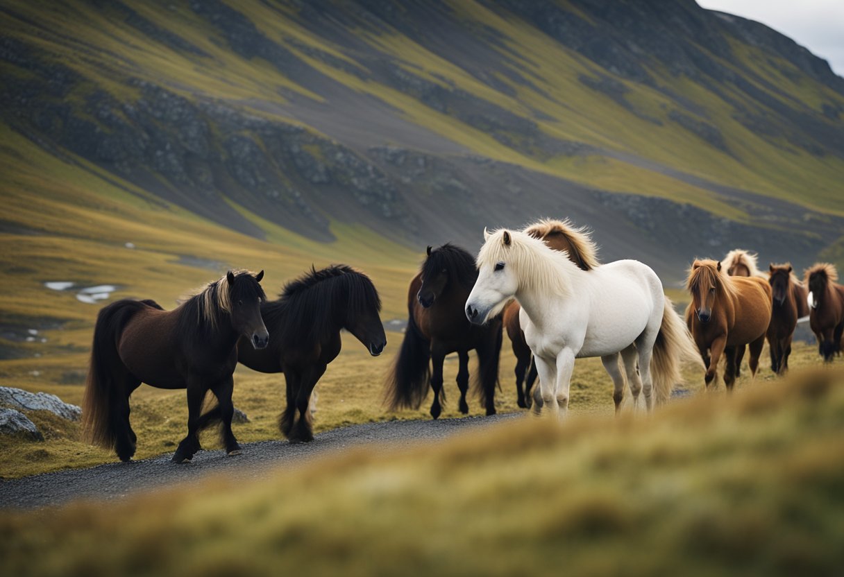 A group of Icelandic horses roam freely in a rugged, mountainous landscape, their thick manes and tails flowing in the wind as they display their unique gait and sturdy build
