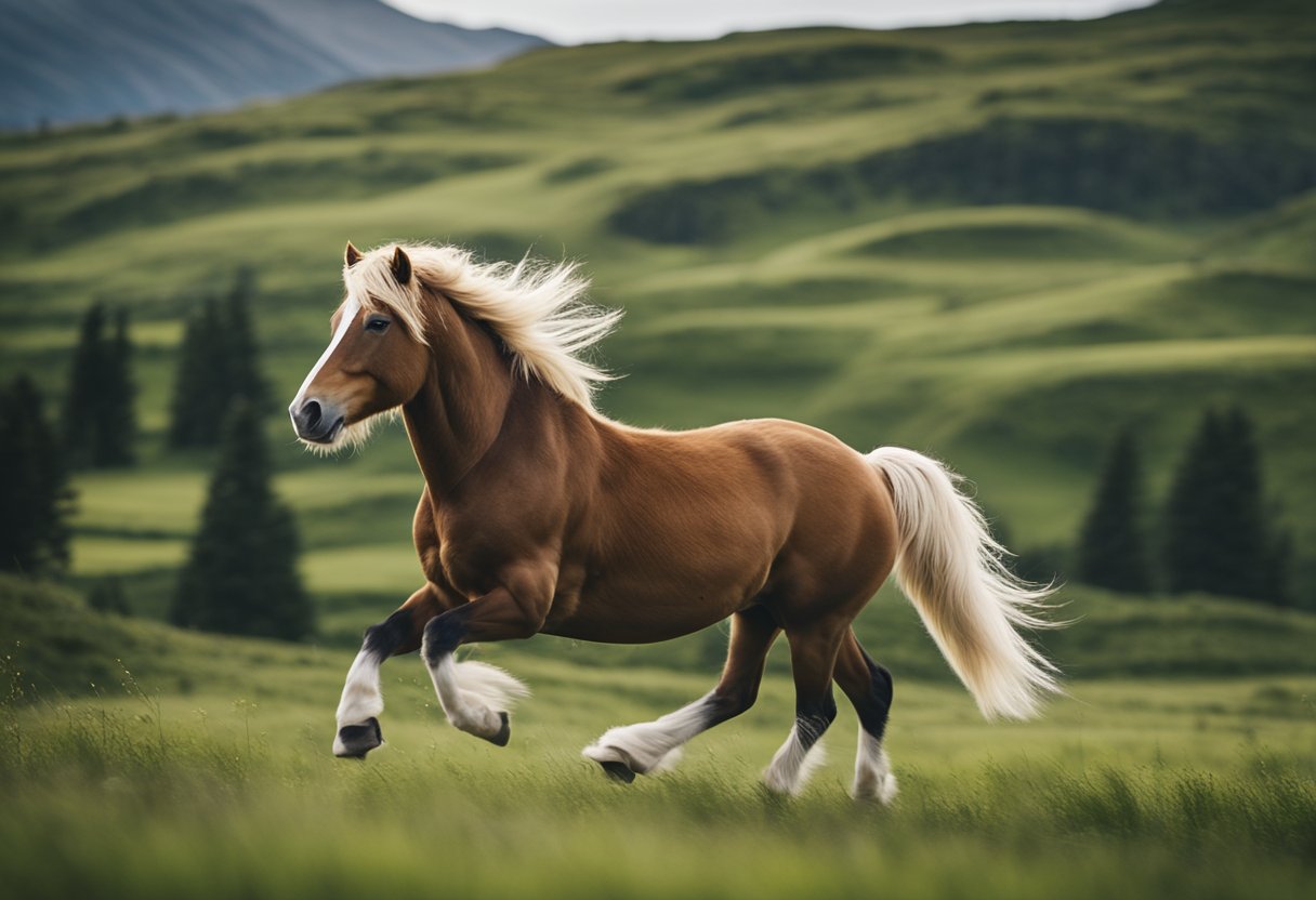 A majestic Icelandic horse galloping through a lush, green landscape with mountains in the background