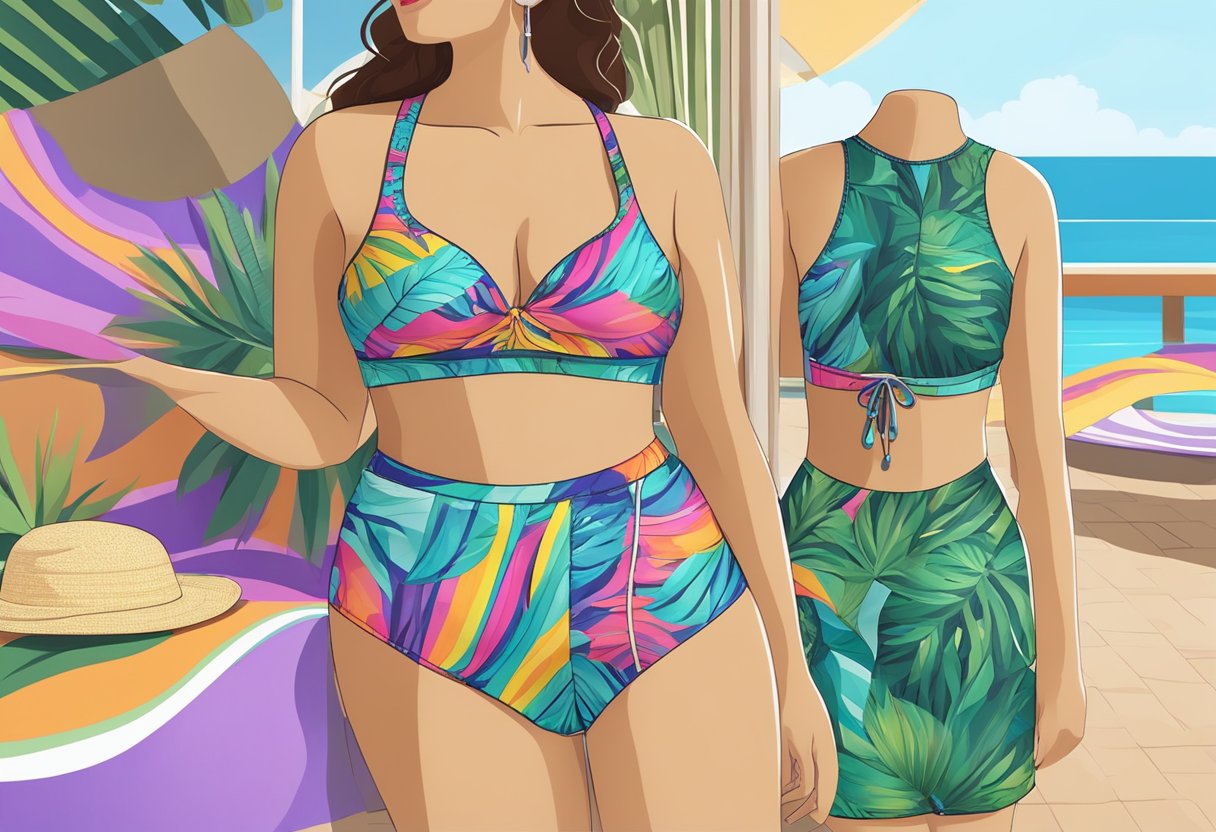 A colorful two-piece swimwear set for curvy women displayed on a mannequin by a poolside