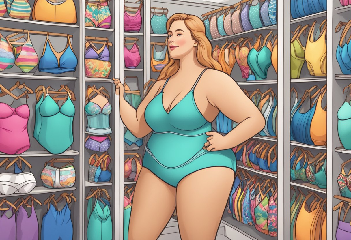 A curvy woman holds up two piece swimwear, comparing sizes, surrounded by a variety of swimwear options on display racks