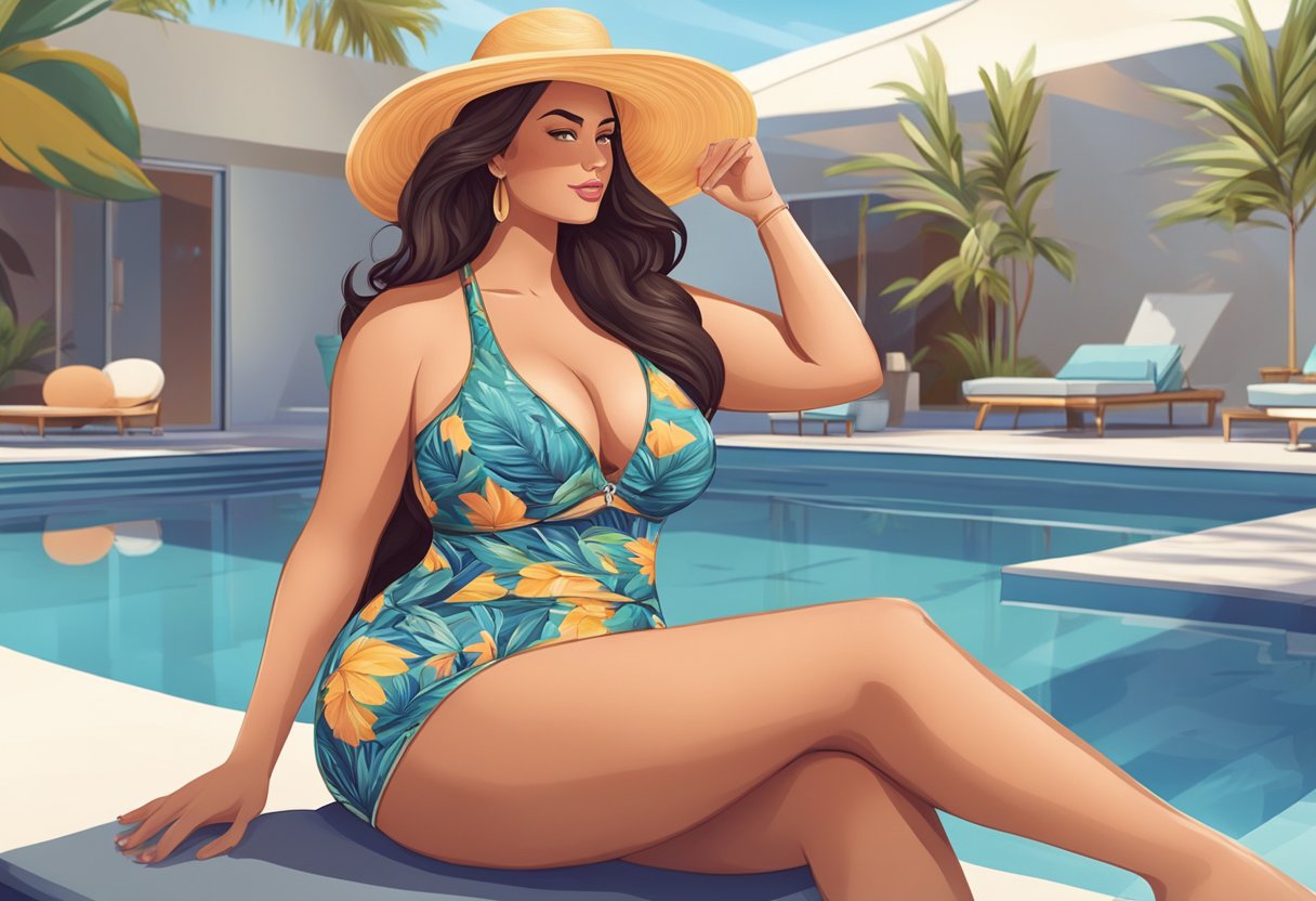 A curvy woman lounges by the pool in a stylish two-piece swimwear from Styles and Designs, exuding confidence and elegance