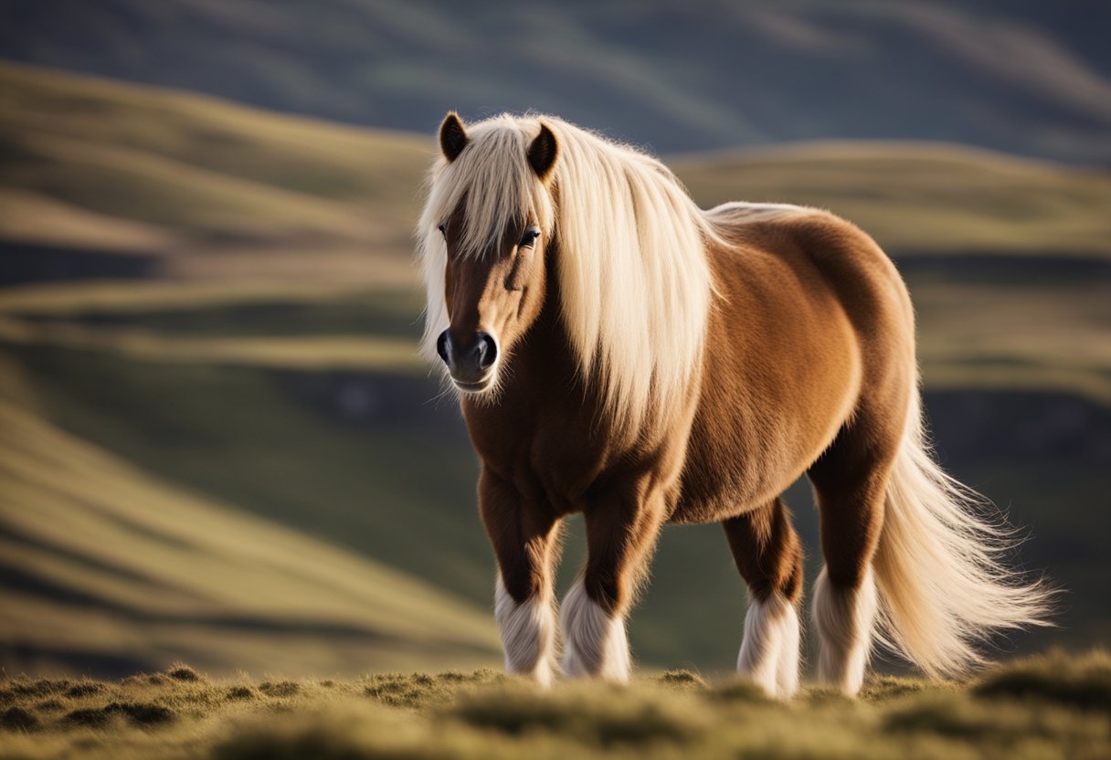 The Icelandic horse stands proudly in a rugged, windswept landscape, with its thick mane and tail blowing in the breeze