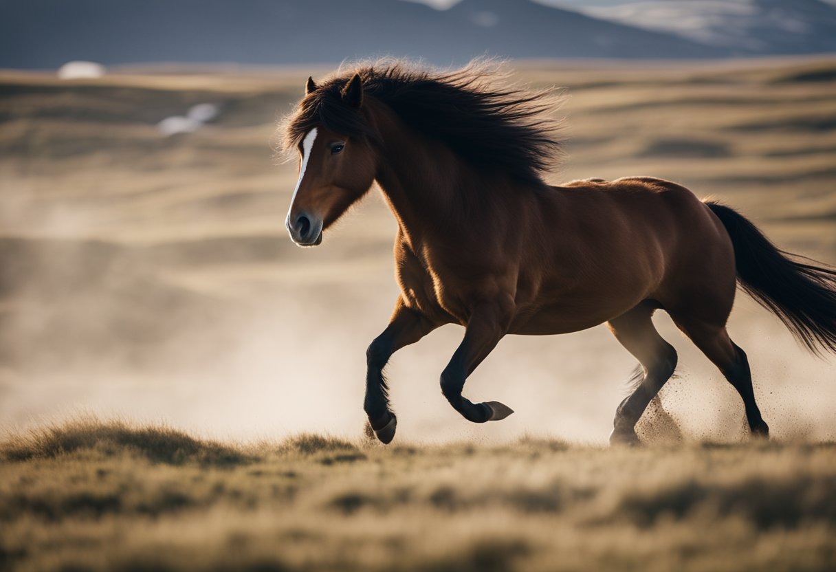 The Icelandic horse gallops through a rugged landscape, its thick mane and tail flowing in the wind, showcasing its sturdy build and unique gait