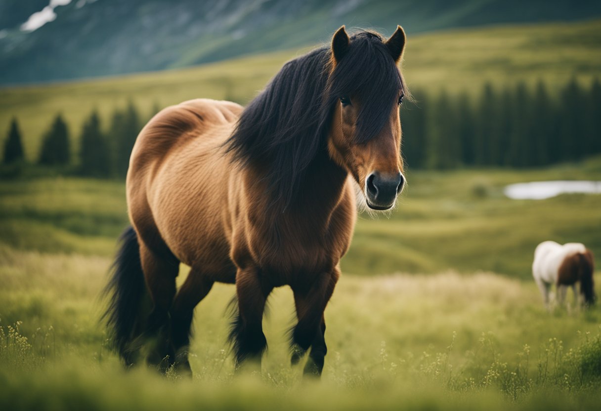 A majestic Icelandic horse standing proudly in a lush green meadow in Norway, with its thick mane flowing in the wind