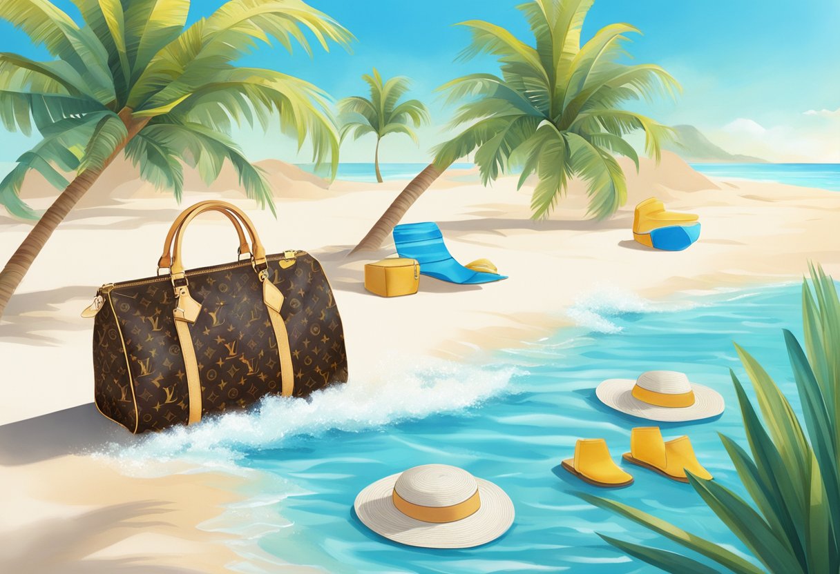 A luxurious beach scene with Louis Vuitton swimwear displayed on a sun-drenched sandy shore, surrounded by palm trees and crystal-clear blue water