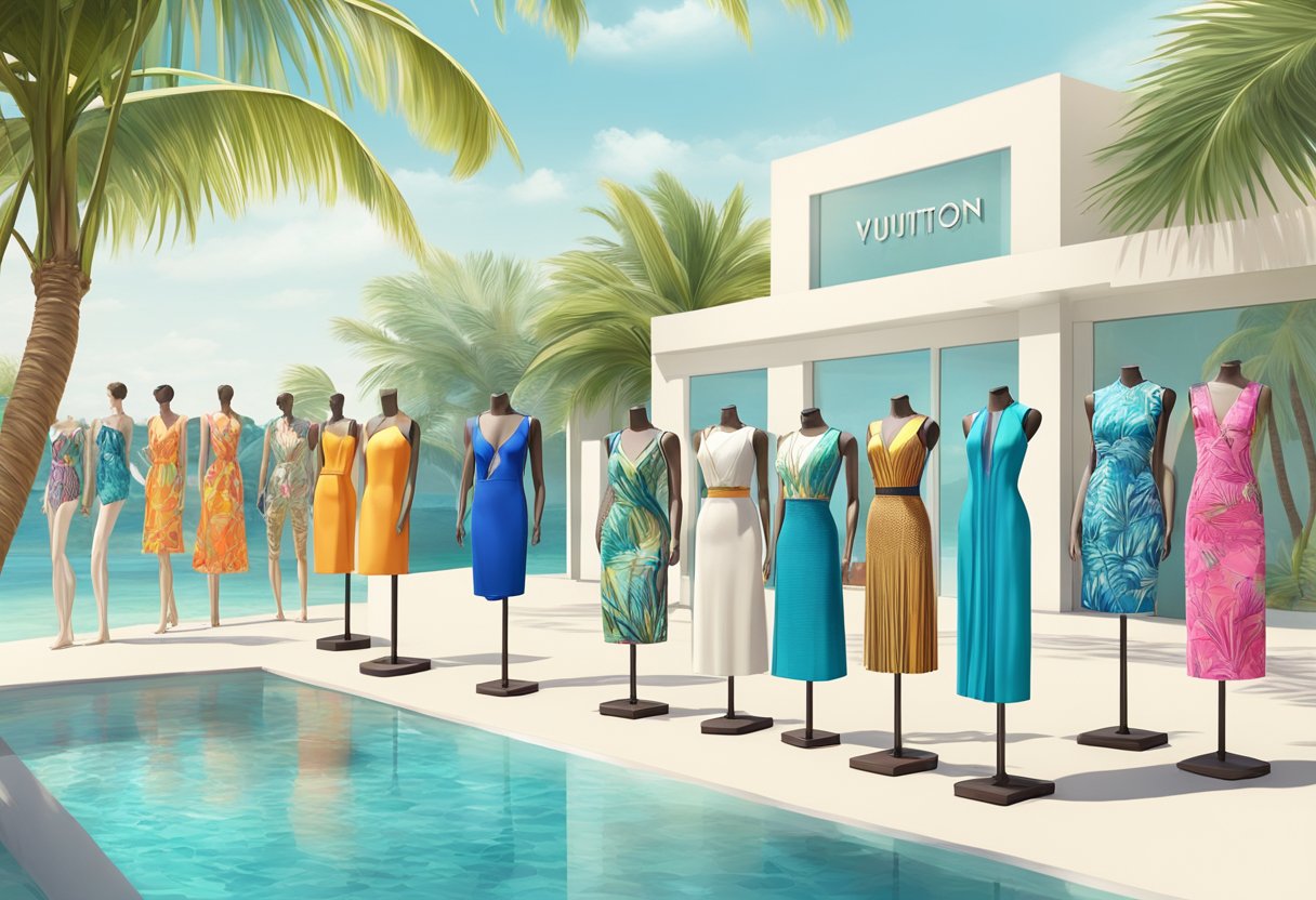 A vibrant beach scene with luxurious Louis Vuitton swimwear displayed on stylish mannequins against a backdrop of palm trees and crystal-clear waters