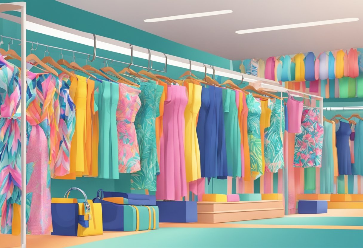 A vibrant marketplace with colorful swimwear displayed on mannequins and racks. Bright patterns and flowing fabrics catch the eye of shoppers