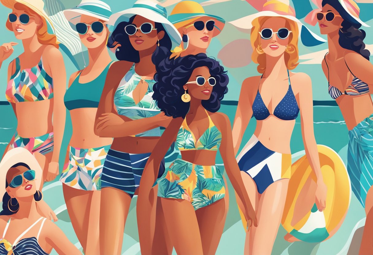 A vibrant beach scene with women in colorful, modern swimwear, showcasing diverse styles and patterns