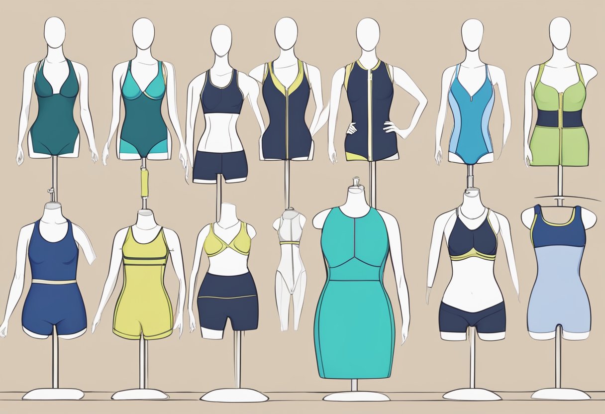 A variety of swimwear styles displayed on mannequins with different body shapes, showcasing options for all body types