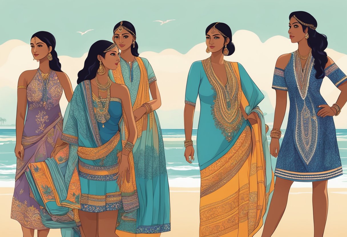 Women in colorful, modest swimwear at an Indian beach, with traditional patterns and designs, reflecting cultural modesty and style