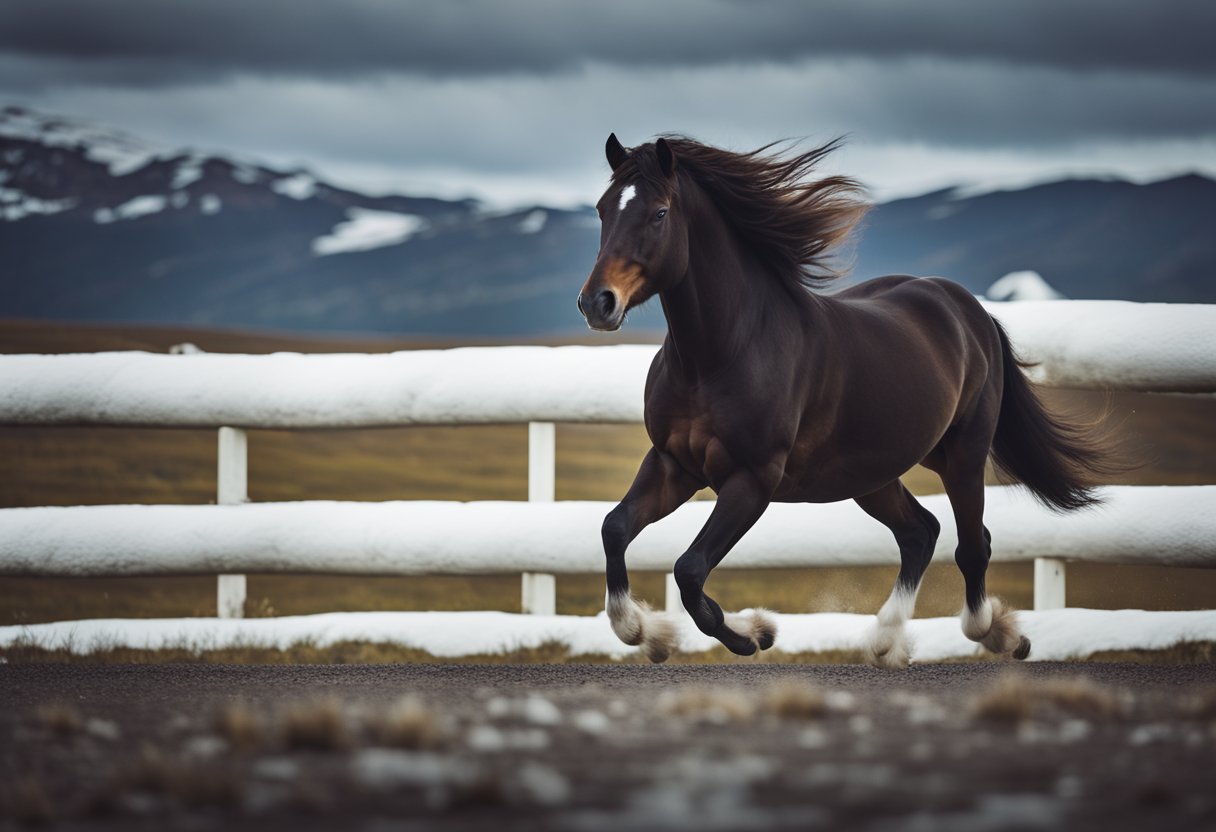 Islandic horse with a gangar gait, head held high, flowing mane, and powerful legs in motion